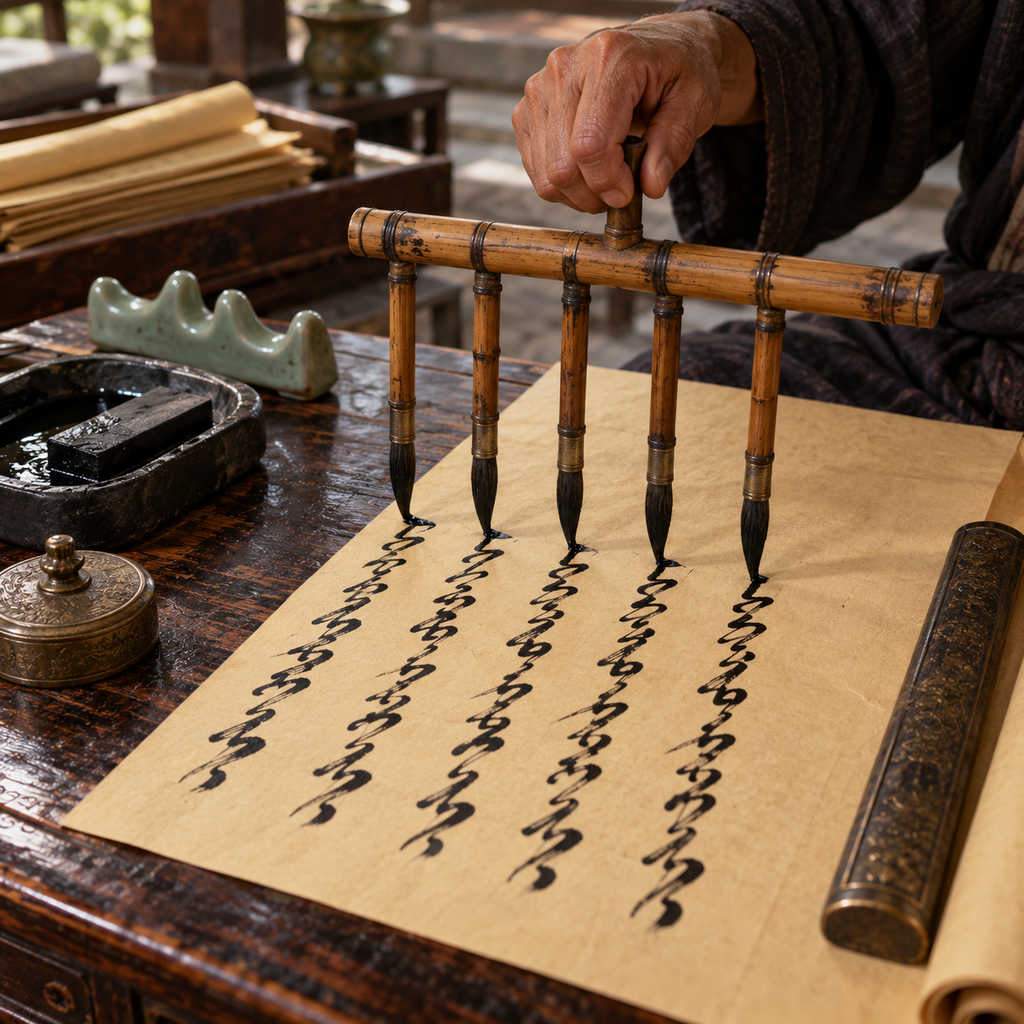 Calligraphie aux cinq pinceaux suspendus