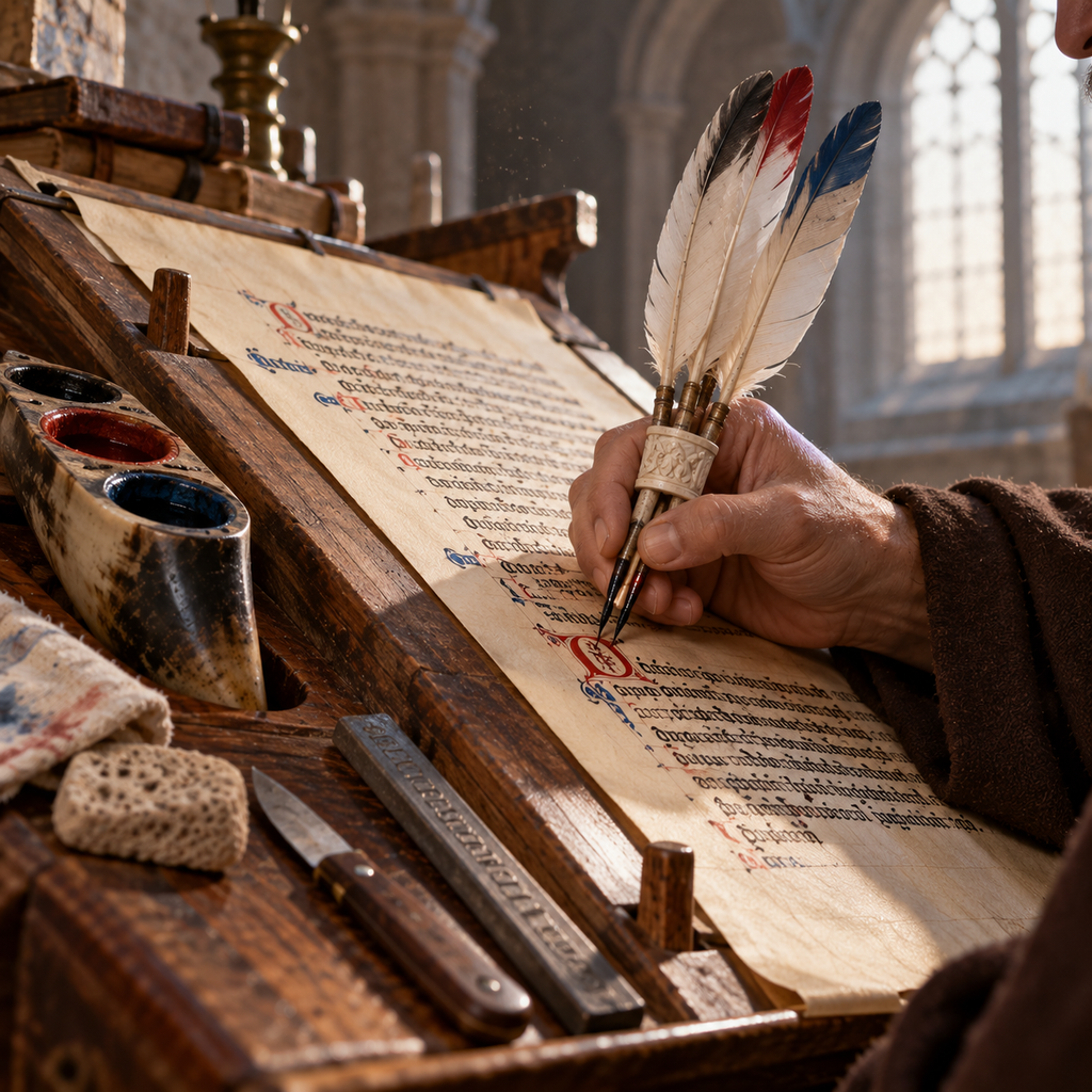 Enluminure médiévale au scriptorium