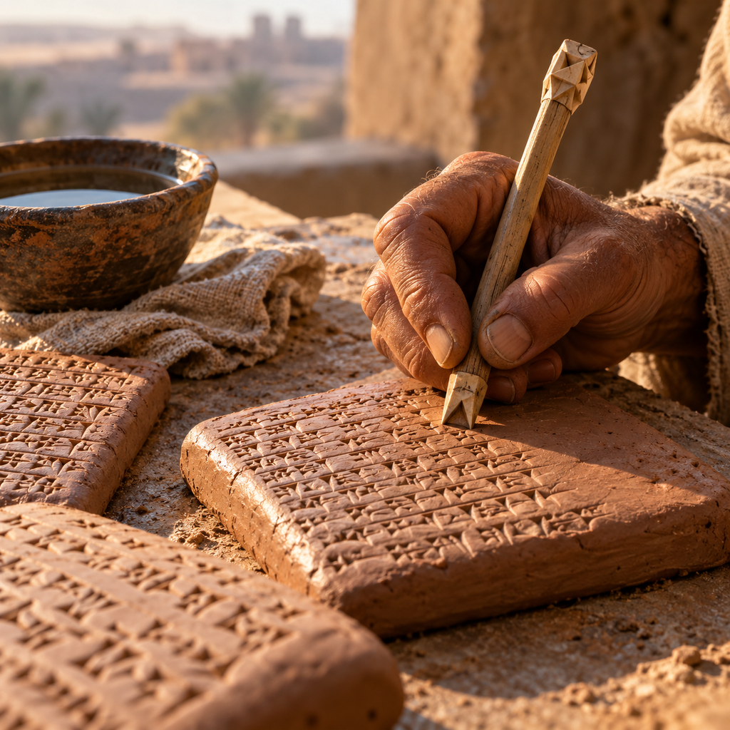 Le scribe antique et ses tablettes d’argile