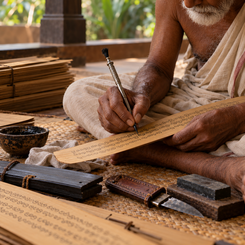 Scribe ancien sur manuscrits en feuilles de palmier